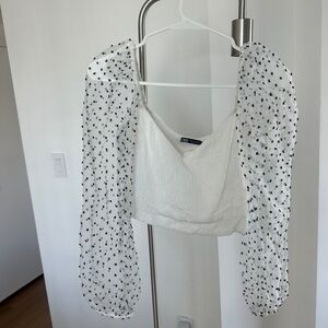 Zara White Blouse with Black Polka Dot Sleeves